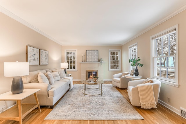 living room featuring ornamental molding, a fireplace, and light wood-type flooring