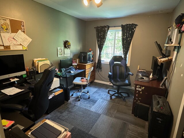 office with dark carpet and baseboards