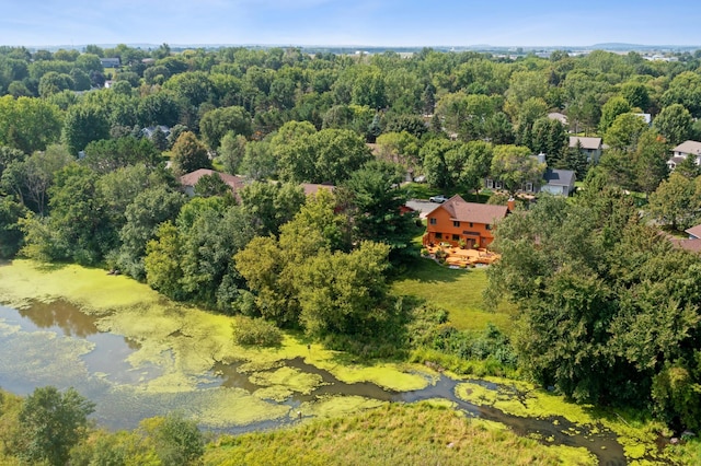 birds eye view of property featuring a water view and a view of trees