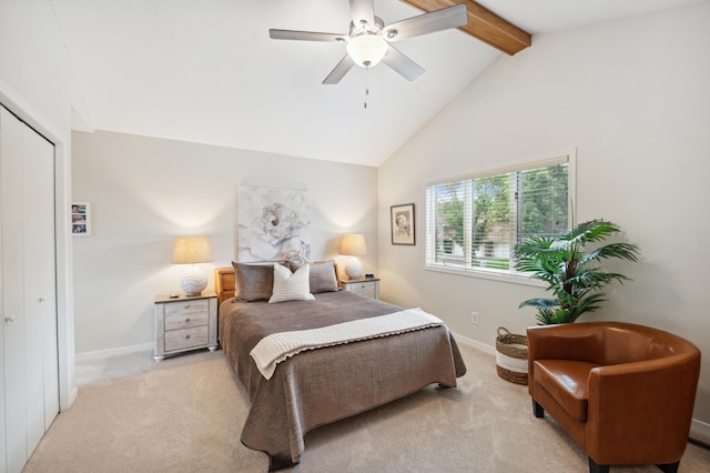 bedroom with light carpet, baseboards, ceiling fan, beamed ceiling, and high vaulted ceiling