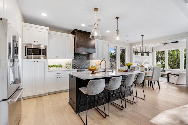 kitchen featuring appliances with stainless steel finishes, light hardwood / wood-style flooring, premium range hood, and a healthy amount of sunlight