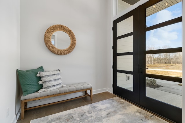 doorway with dark wood-type flooring and french doors