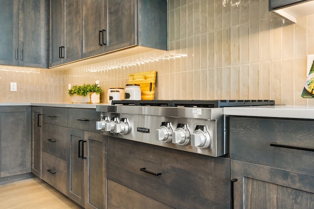 kitchen featuring light hardwood / wood-style flooring, decorative backsplash, and dark brown cabinets