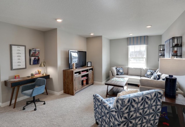 living room with light carpet and a textured ceiling