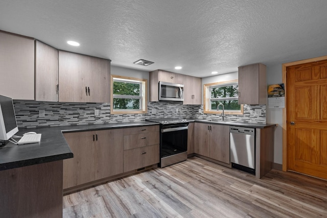 kitchen with appliances with stainless steel finishes, light hardwood / wood-style flooring, sink, and a wealth of natural light