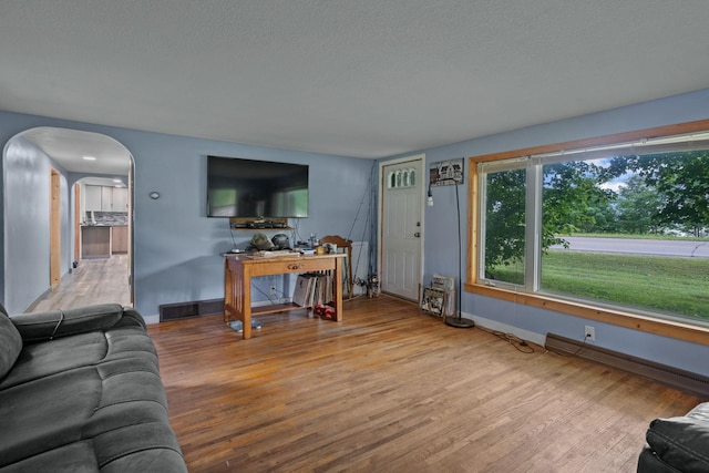 living room featuring a textured ceiling and light hardwood / wood-style floors