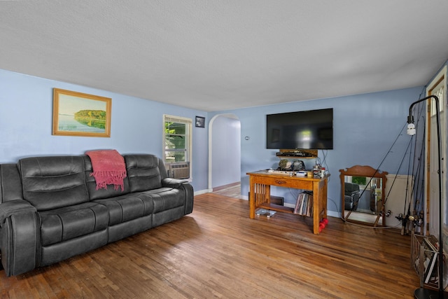 living room featuring a textured ceiling and hardwood / wood-style flooring