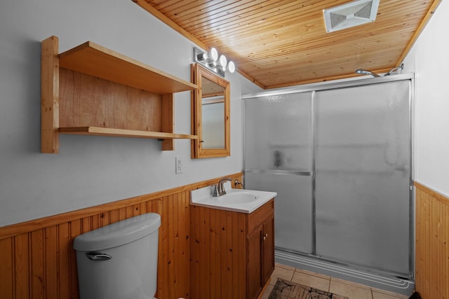 bathroom featuring a shower with door, toilet, tile patterned flooring, wooden ceiling, and vanity