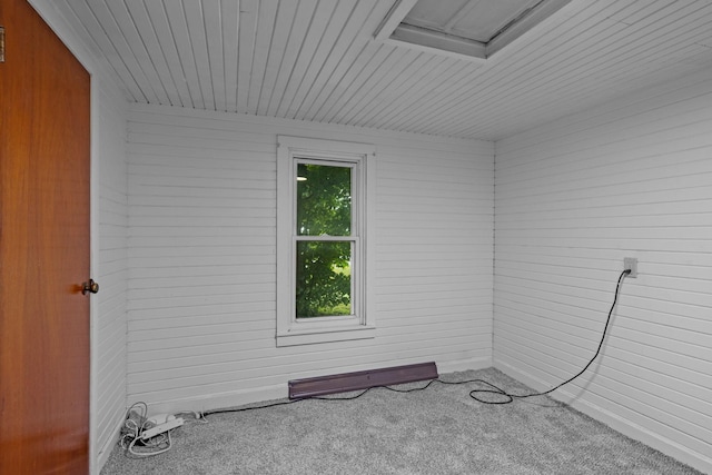 empty room featuring carpet floors and wooden walls