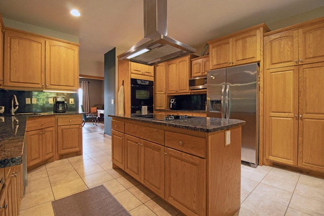 kitchen featuring a sink, light tile patterned floors, island exhaust hood, tasteful backsplash, and black appliances