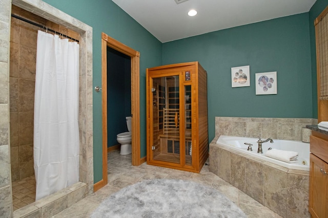 bathroom with a garden tub, tile patterned floors, a stall shower, and toilet
