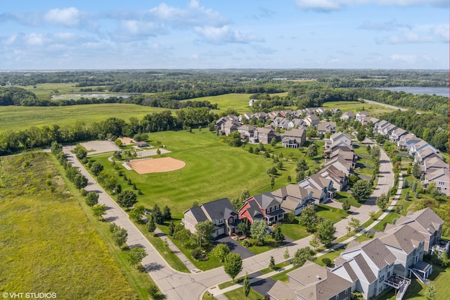 bird's eye view featuring a water view and a residential view