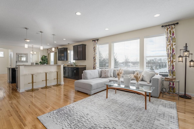 living room with a textured ceiling, plenty of natural light, light wood-style flooring, and baseboards