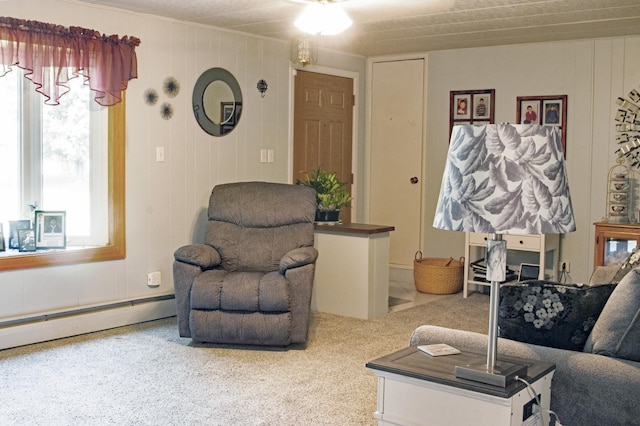 10873 69th Ave N, Maple Grove, MN 55369 - living area featuring a baseboard heating unit, carpet flooring, a ceiling fan, and ornamental molding