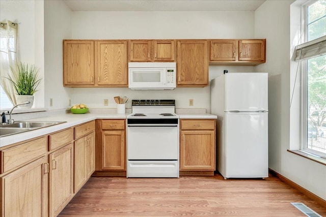 1229 Clarence St, Saint Paul, MN 55106 - kitchen featuring white appliances, a sink, light wood-style flooring, and light countertops