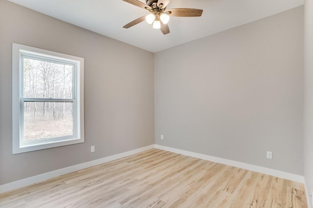 empty room with ceiling fan and light hardwood / wood-style flooring