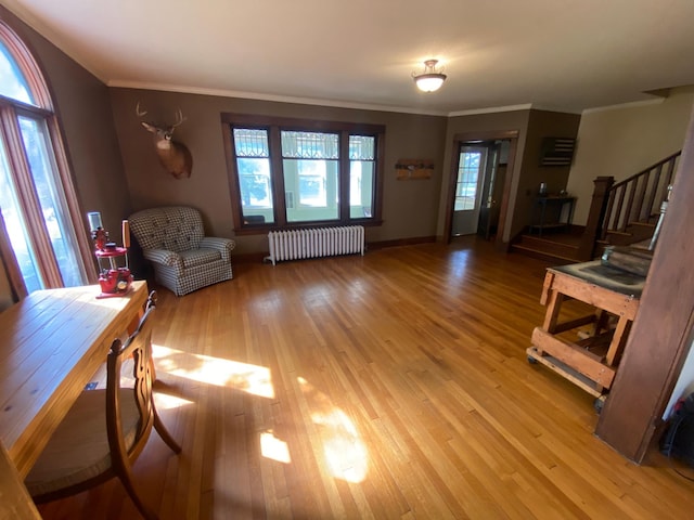 living room with light hardwood / wood-style flooring, ornamental molding, a healthy amount of sunlight, and radiator