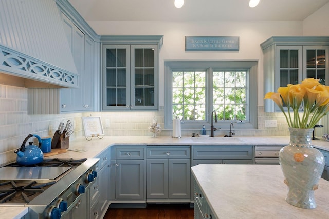 kitchen with sink, tasteful backsplash, dark hardwood / wood-style flooring, stainless steel gas stovetop, and custom exhaust hood