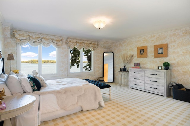 carpeted bedroom with crown molding