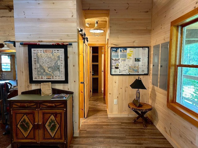 7155 Oak Narrows Rd, Greenwood Twp, MN 55723 - corridor featuring wood walls and wood finished floors