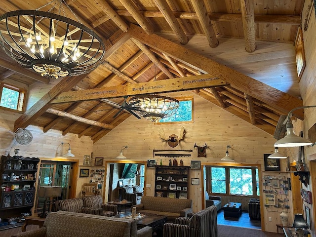 7155 Oak Narrows Rd, Greenwood Twp, MN 55723 - living area featuring a chandelier, high vaulted ceiling, wooden walls, wooden ceiling, and beamed ceiling