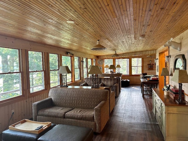 7155 Oak Narrows Rd, Greenwood Twp, MN 55723 - living area with wooden walls, dark wood finished floors, and wood ceiling