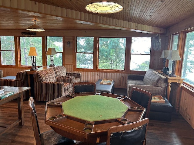 7155 Oak Narrows Rd, Greenwood Twp, MN 55723 - sunroom with wood finished floors, wood walls, and wooden ceiling