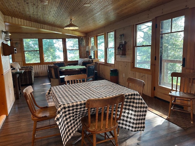 7155 Oak Narrows Rd, Greenwood Twp, MN 55723 - dining area featuring wood walls, wood finished floors, and wooden ceiling