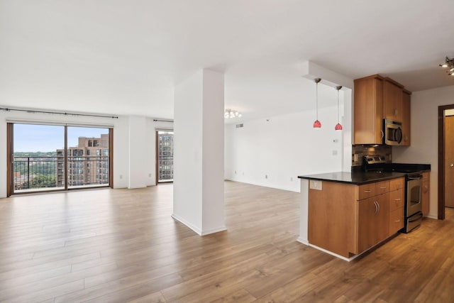 kitchen featuring pendant lighting, stainless steel appliances, a chandelier, and light hardwood / wood-style floors