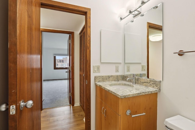 bathroom featuring vanity, toilet, and wood-type flooring