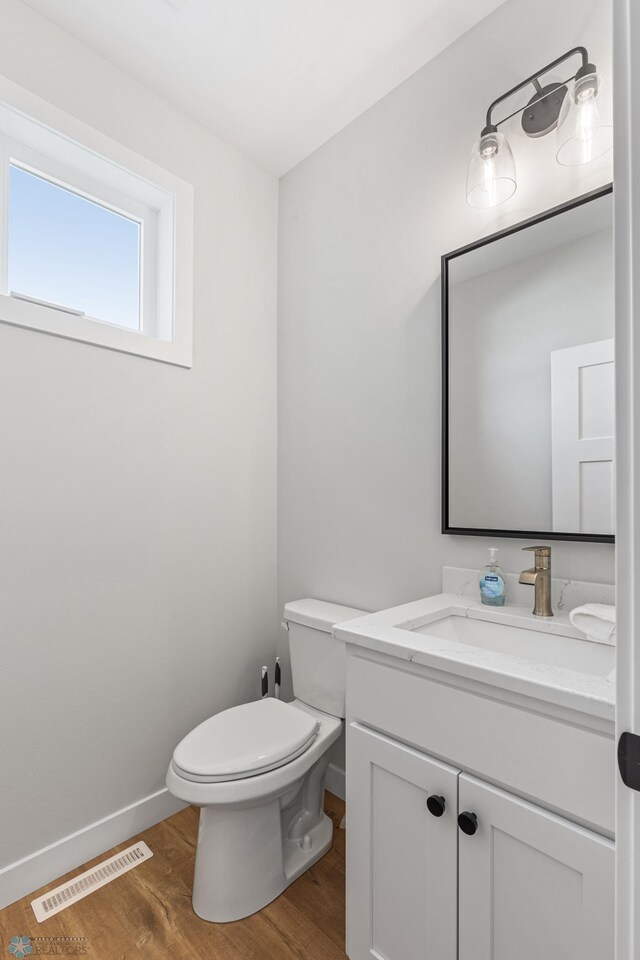 bathroom with vanity, toilet, and wood-type flooring