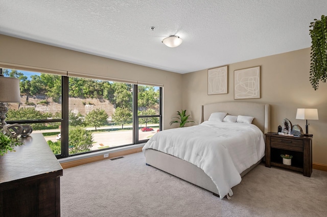 carpeted bedroom with a textured ceiling