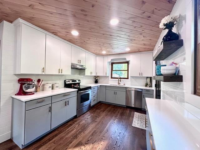 kitchen featuring a sink, wooden ceiling, stainless steel appliances, and light countertops