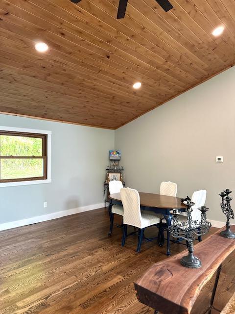 dining area with lofted ceiling, recessed lighting, wood ceiling, baseboards, and dark wood finished floors