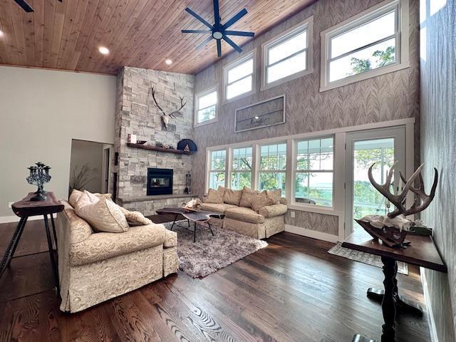 living room with dark wood-style floors, a fireplace, wood ceiling, and a healthy amount of sunlight