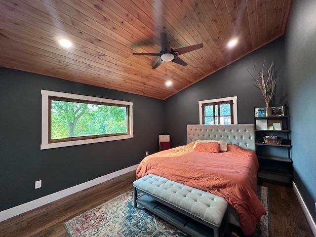 bedroom featuring wooden ceiling, multiple windows, baseboards, and dark wood finished floors