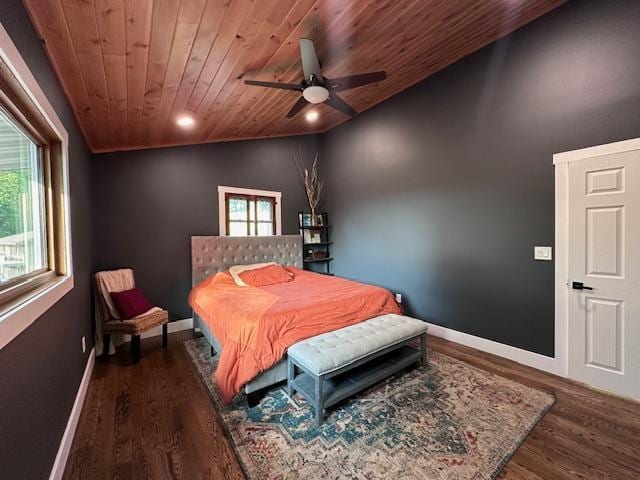 bedroom with lofted ceiling, wooden ceiling, baseboards, and dark wood-type flooring