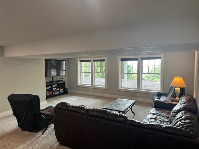 living room with baseboards, plenty of natural light, and light colored carpet