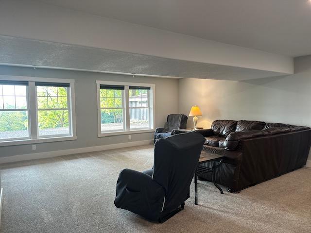 living area featuring light colored carpet and baseboards