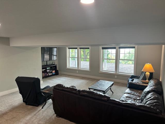 living room featuring baseboards and light colored carpet