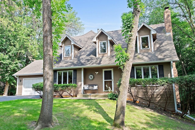 new england style home featuring a front yard and a garage