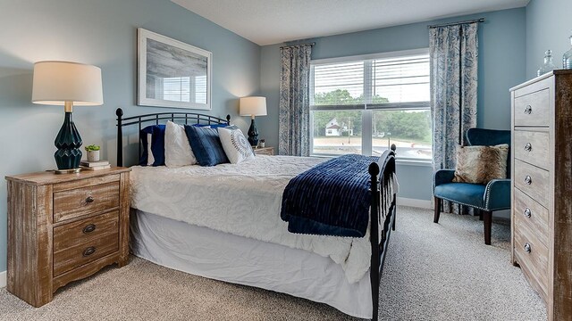 bedroom with light colored carpet