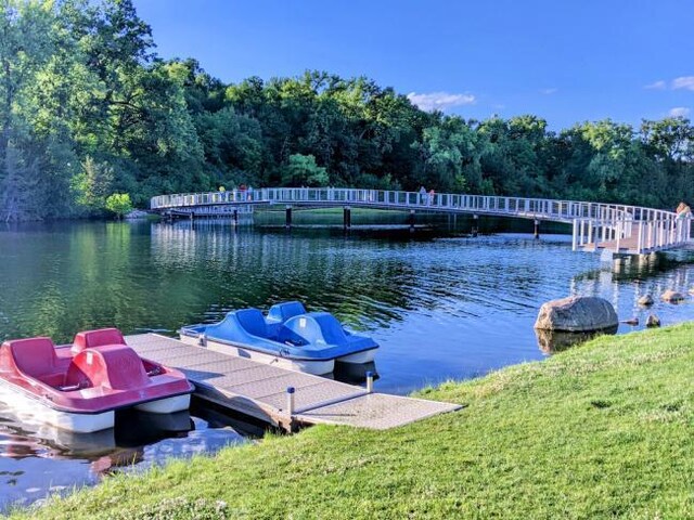 view of dock featuring a yard and a water view