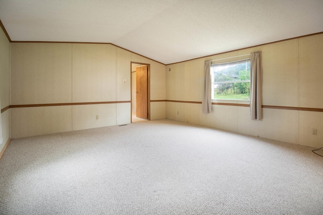 carpeted empty room with lofted ceiling and a textured ceiling