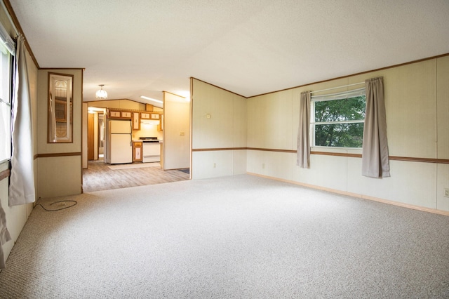 spare room with vaulted ceiling, a textured ceiling, and light colored carpet