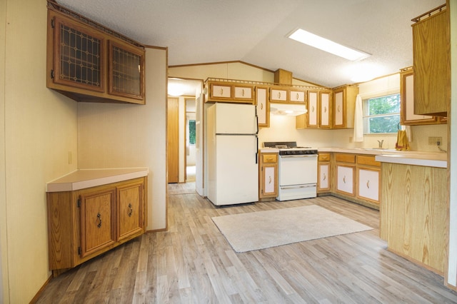 kitchen featuring lofted ceiling, light hardwood / wood-style flooring, sink, and white appliances