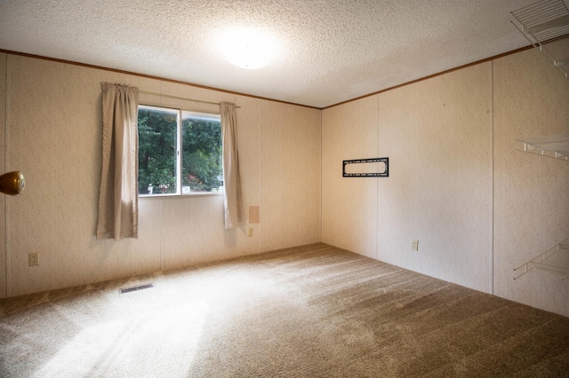 unfurnished room featuring a textured ceiling and carpet flooring