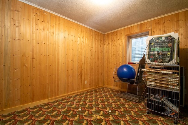 interior space featuring wood walls, crown molding, a textured ceiling, and carpet floors