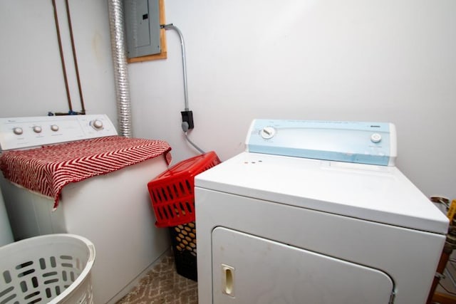 washroom featuring electric panel and washer and clothes dryer