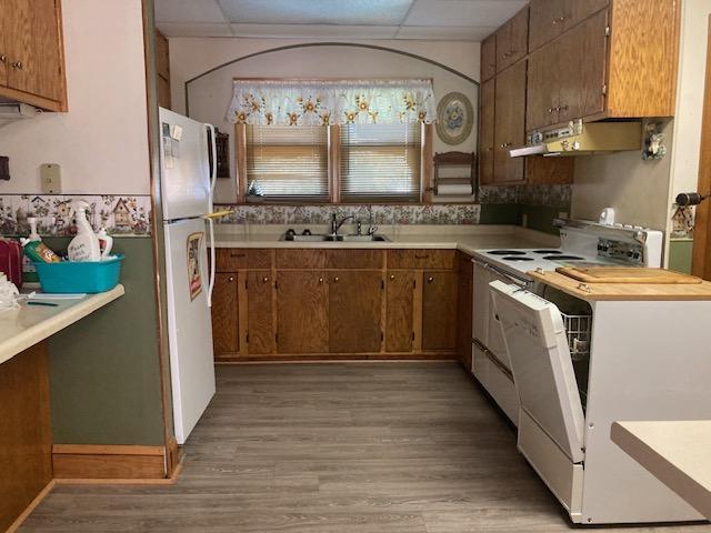 kitchen featuring light wood-style flooring, freestanding refrigerator, range with electric cooktop, light countertops, and under cabinet range hood